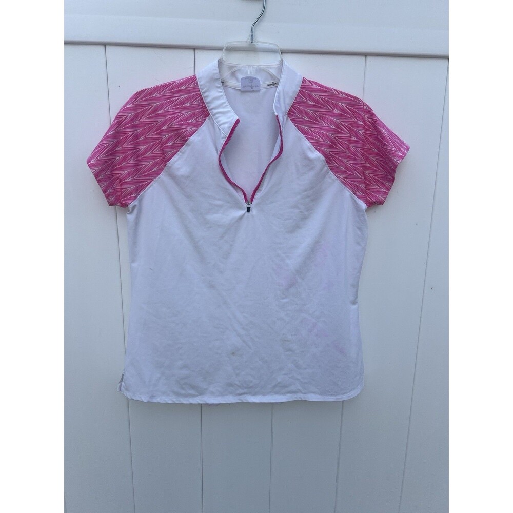 Belyn Key Womens Golf Polo Top Pink Cap Short Sleeve 1/4 Zipper Sz Medium